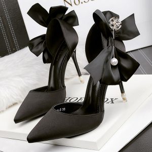 Latest New Bow-knot Women Pumps Designer Shoes High Heels Sandals Women Satin Stiletto Heels Sexy Pearl Wedding Shoes Plus Size 43