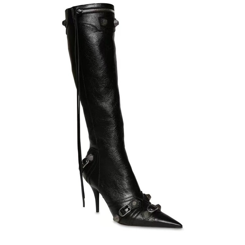 New Fashion Luxury Pointed Toe Stiletto Women's Shoes Retro Metal Buckle Zipper Knee High Boots Slim Tassel Boots Women Size 43 - Image 4