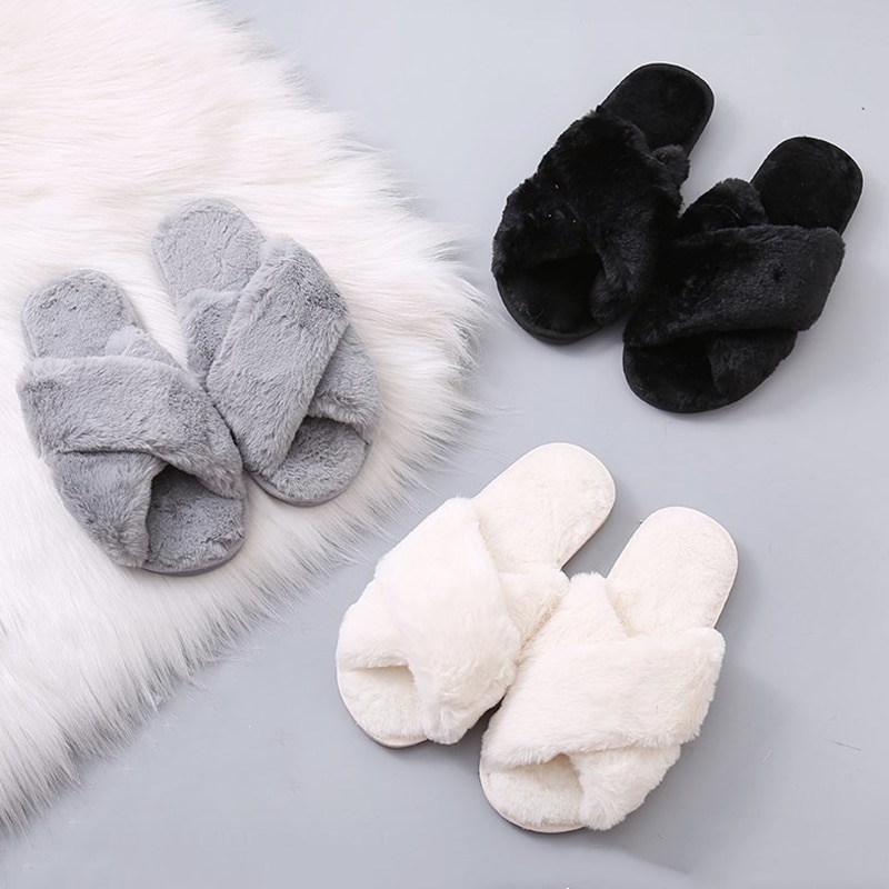 Warm Fluffy Slippers Women Cozy Faux Fur Cross Indoor Floor Slides Flat Soft Furry Shoes Ladies Female Celebrities Flip Flops - Image 4